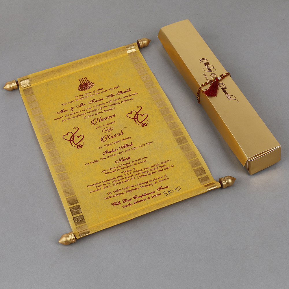 Scroll style wedding card in yellow rectangular box - Click Image to Close