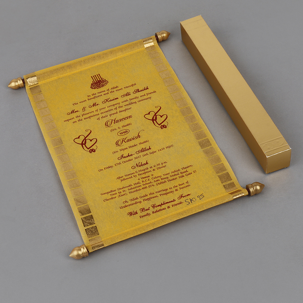 Scroll style wedding card in yellow with square box