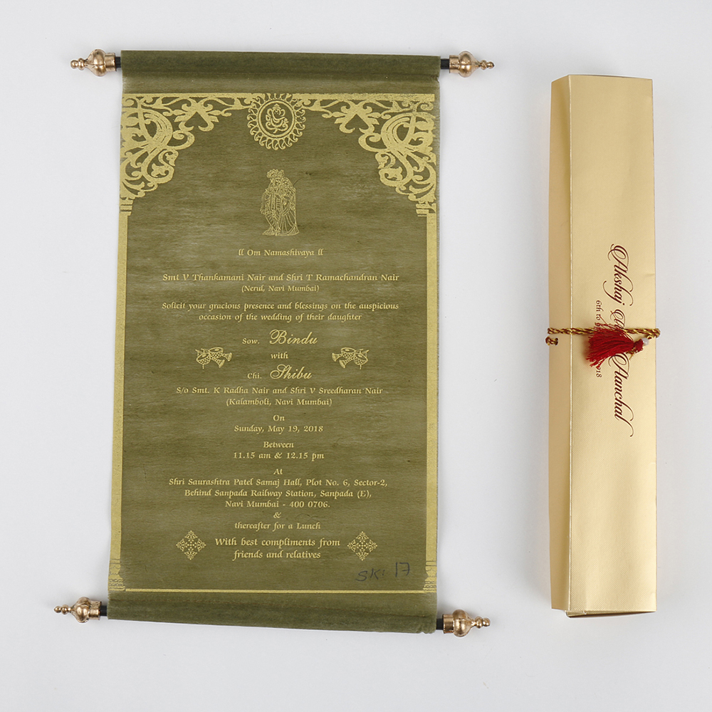 Scroll style wedding invitation card in green with rectangular box