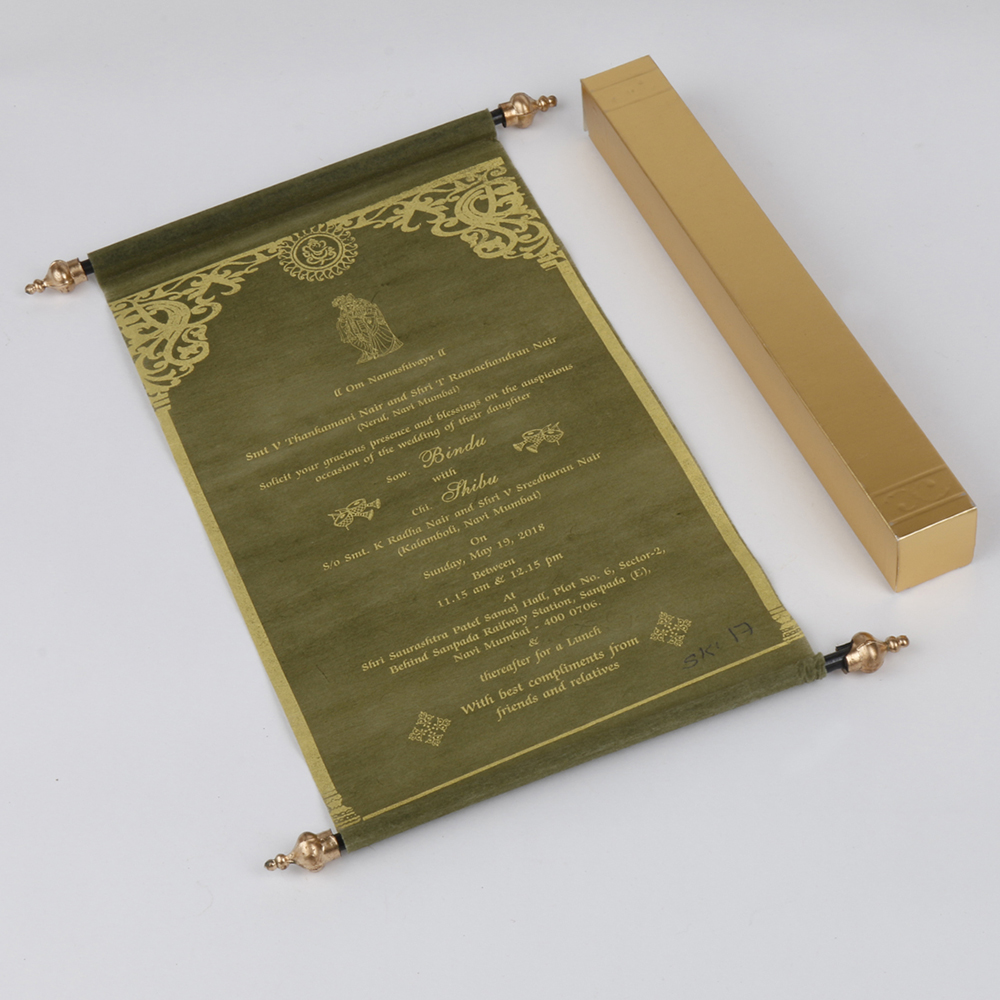 Scroll style wedding invitation card in green with square box