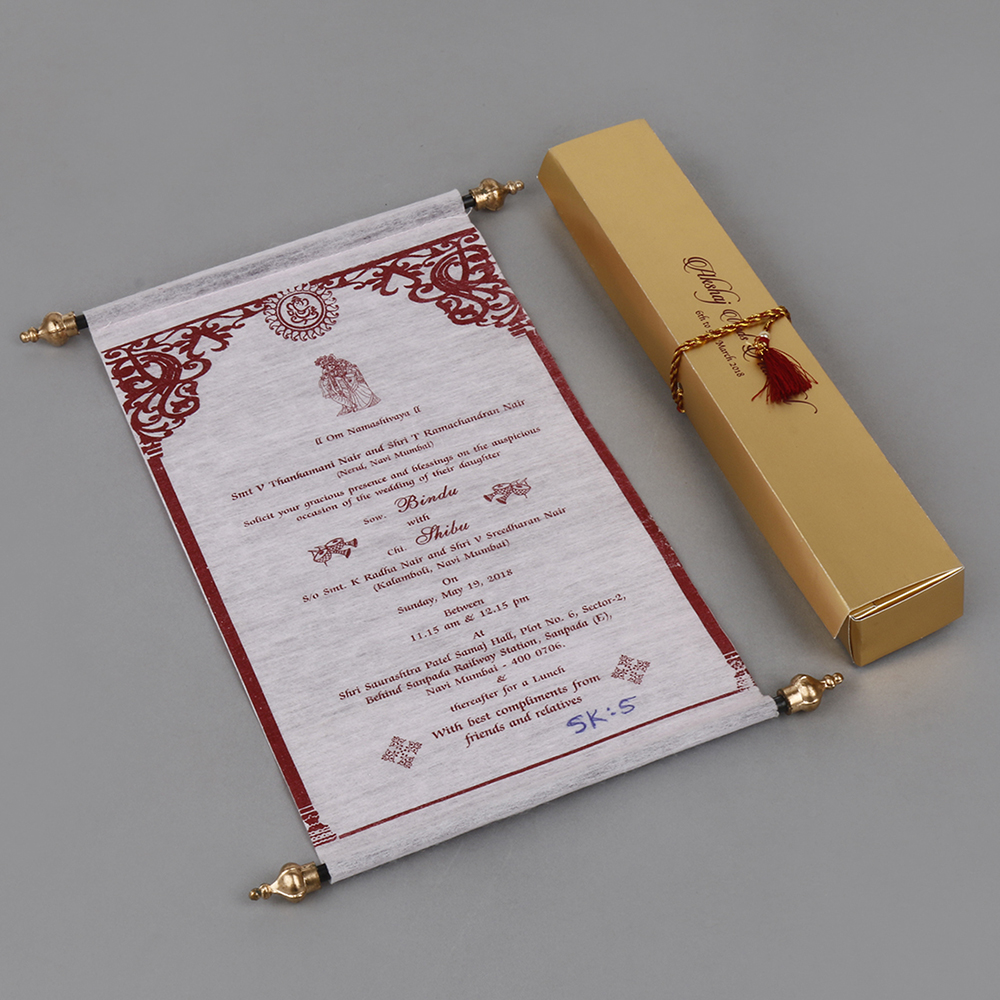 Scroll style wedding invite in baby pink with rectangular box