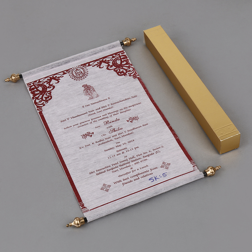 Scroll style wedding invite in baby pink with square box