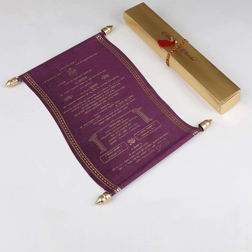 Scroll style wedding invite in purple satin finish with rectangular box - Click Image to Close