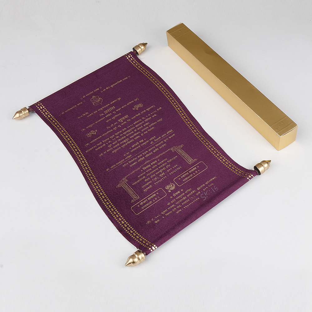 Scroll style wedding invite in purple satin finish with square box