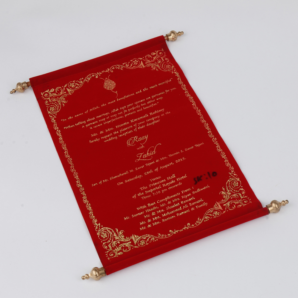 Scroll style wedding invite in red velvet finish with square box - Click Image to Close