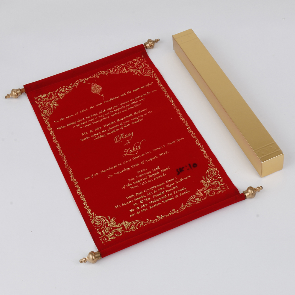 Scroll style wedding invite in red velvet finish with square box