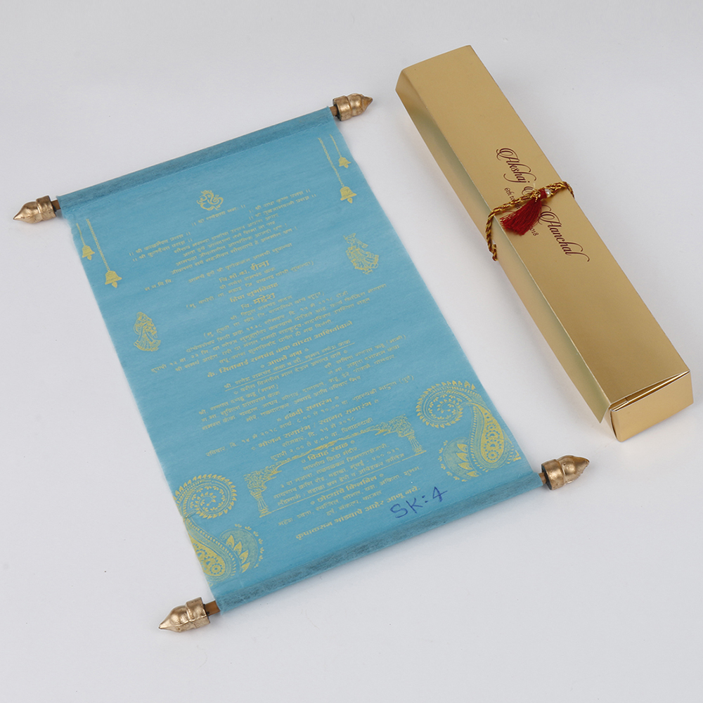 Scroll style wedding invite in sky blue with rectangular box - Click Image to Close