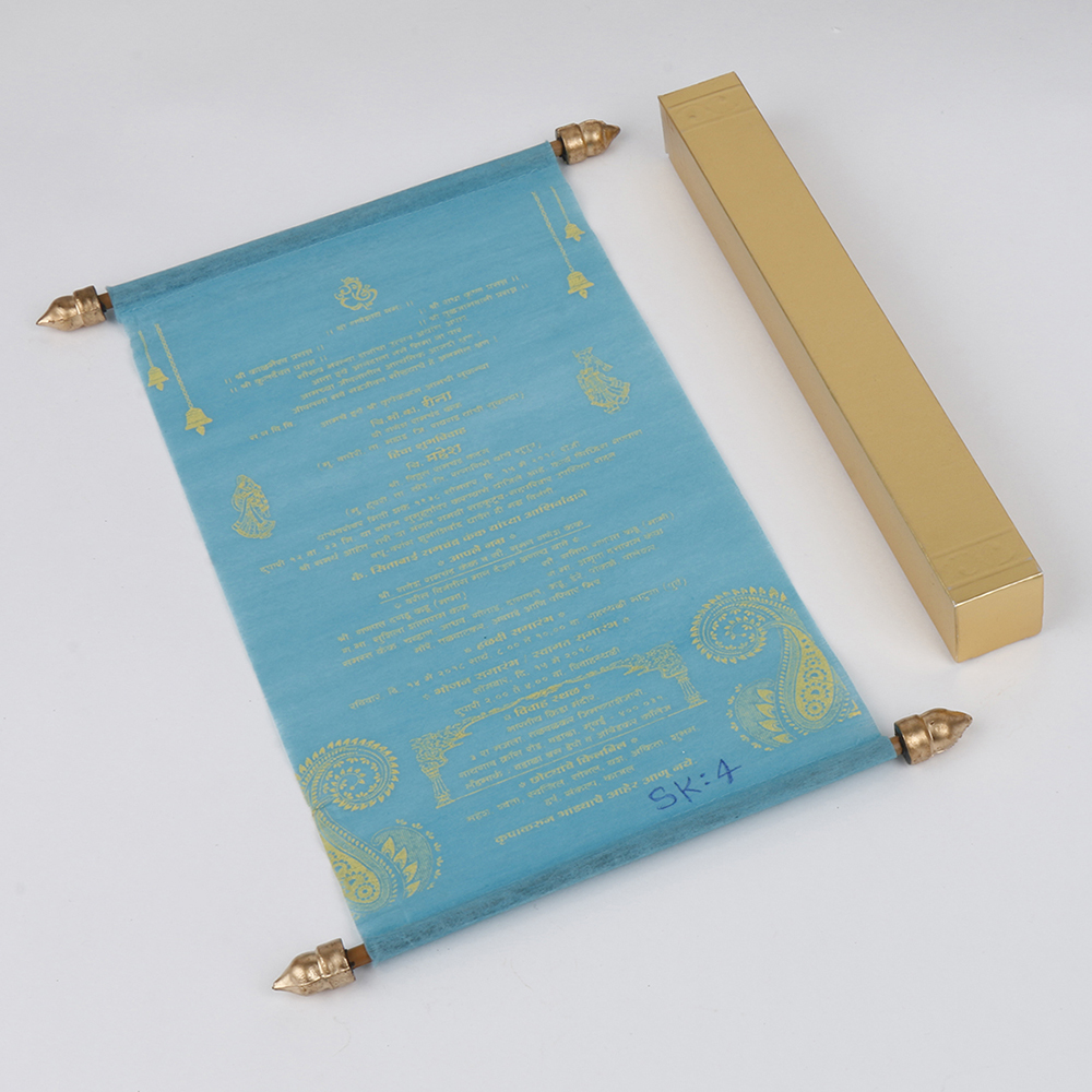 Scroll style wedding invite in sky blue with square box