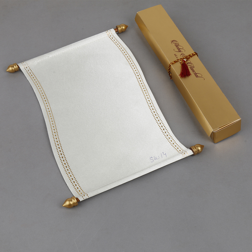 Scroll style wedding invite in white satin finish with rectangular box