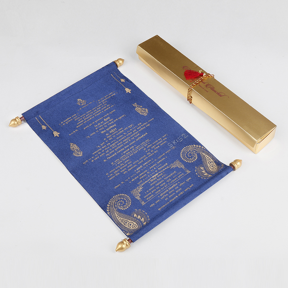 Scroll wedding card in blue satin finish with rectangular box - Click Image to Close