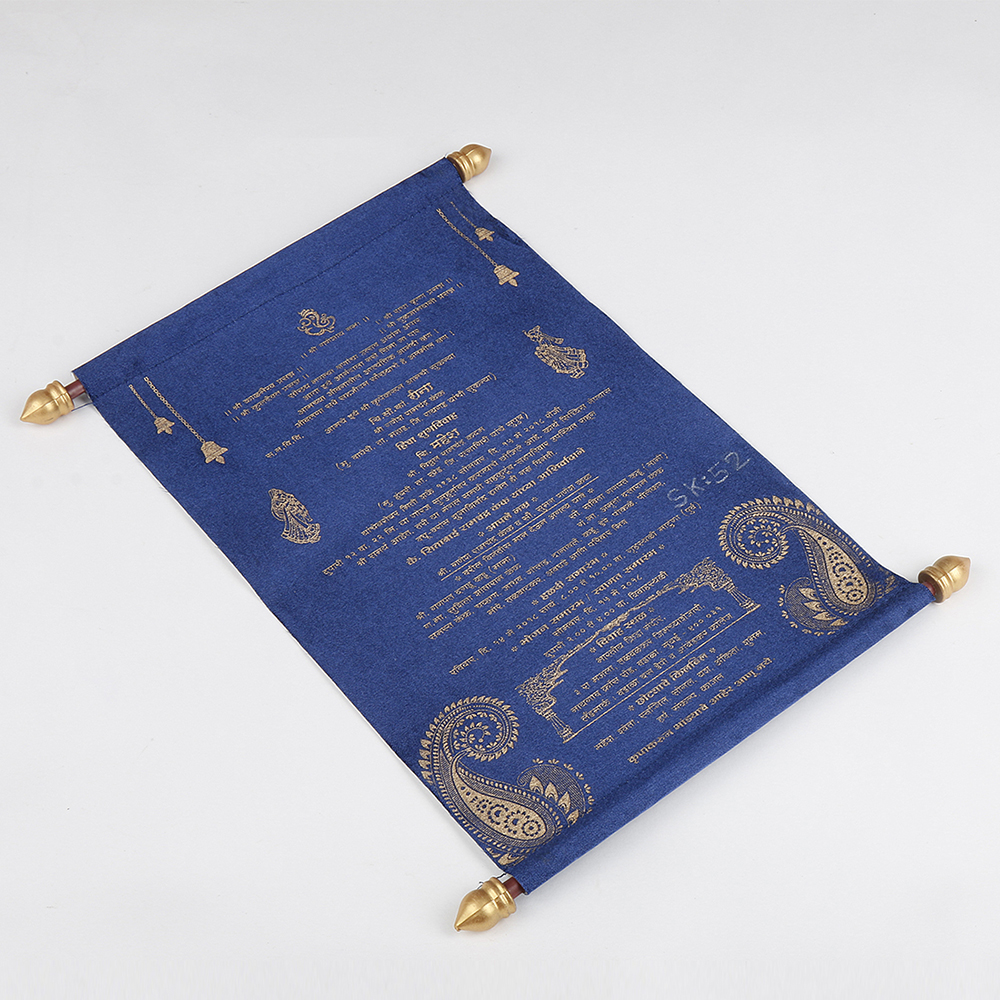 Scroll wedding card in blue satin finish with square box - Click Image to Close