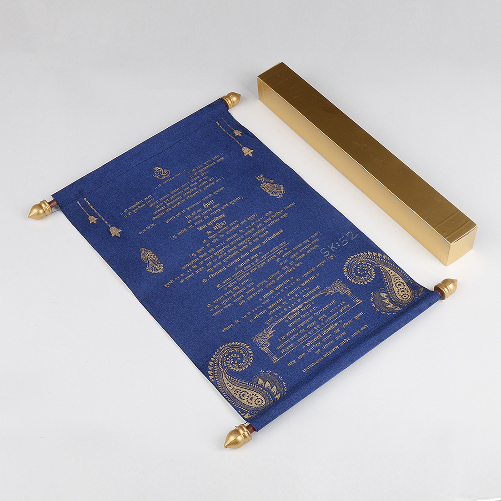 Scroll wedding card in blue satin finish with square box - Click Image to Close