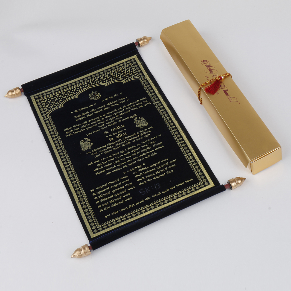 Scroll wedding card in blue velvet finish with rectangular box - Click Image to Close