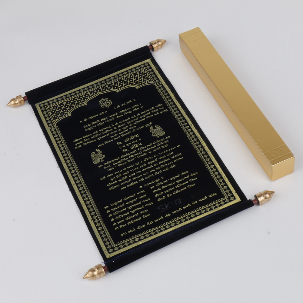 Scroll wedding card in blue velvet finish with square box