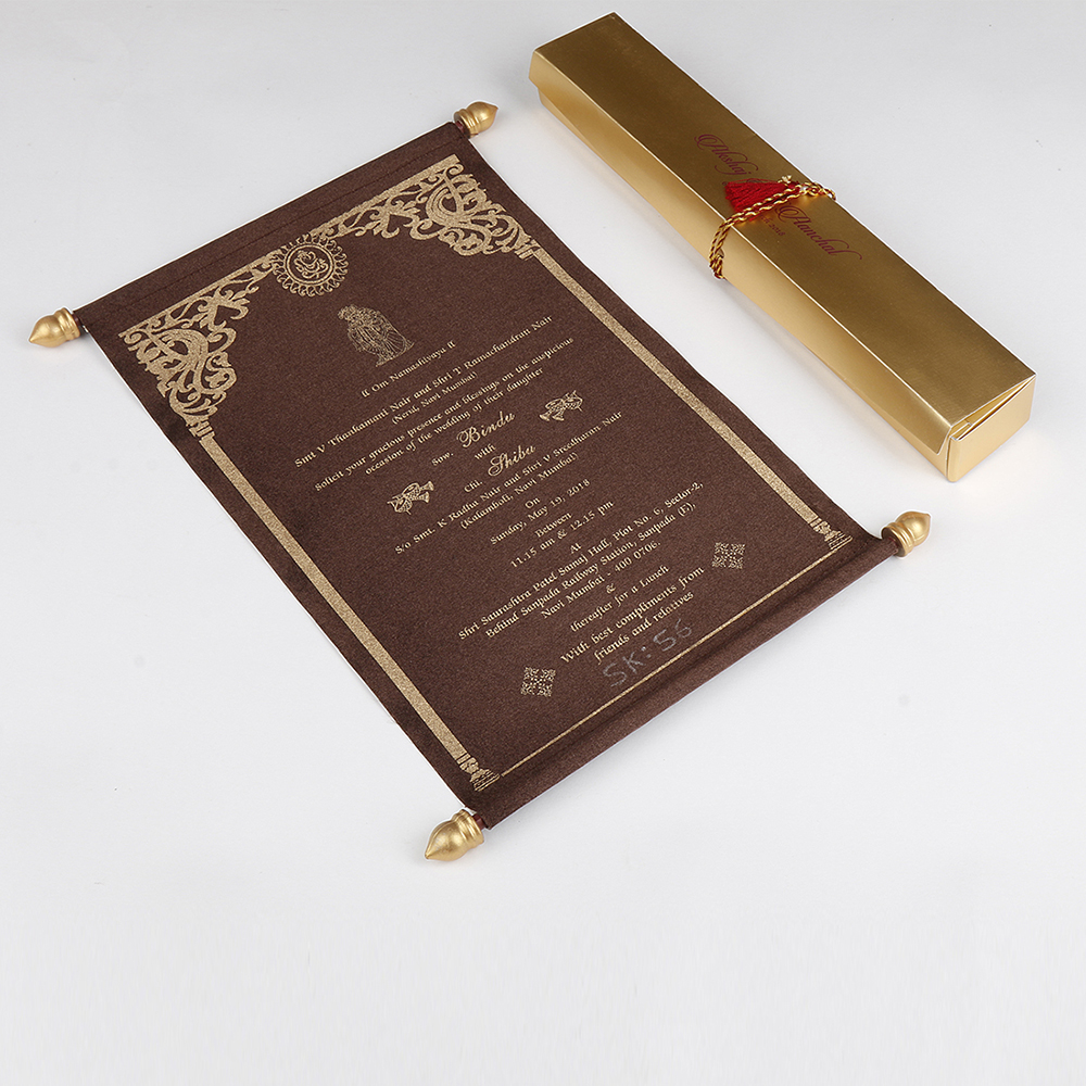 Scroll wedding card in brown satin finish with rectangular box - Click Image to Close
