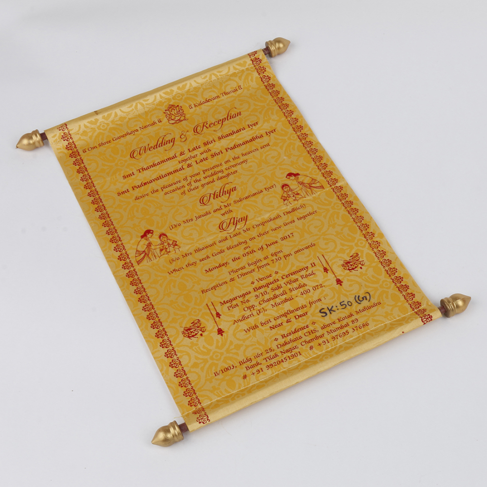 Scroll wedding card in golden satin finish with rectangular box - Click Image to Close