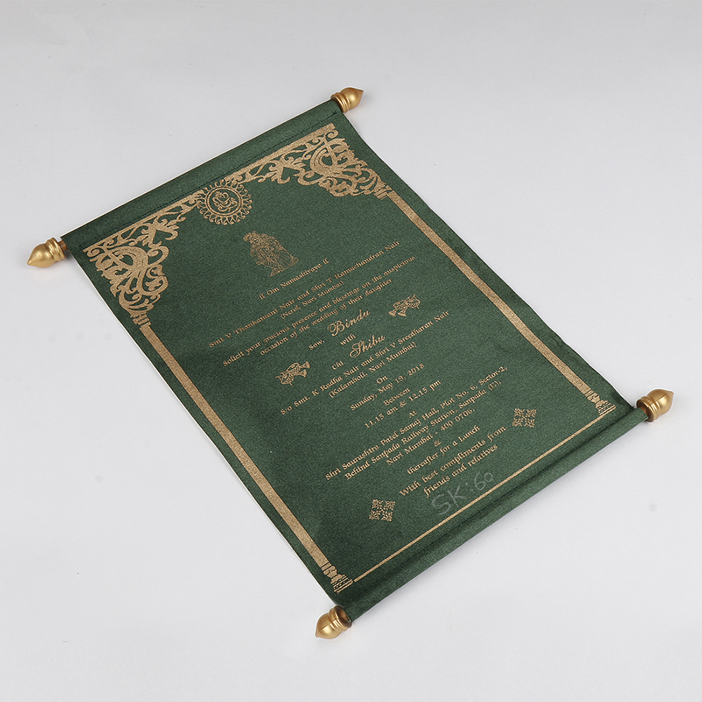 Scroll wedding card in green satin finish with rectangular box - Click Image to Close
