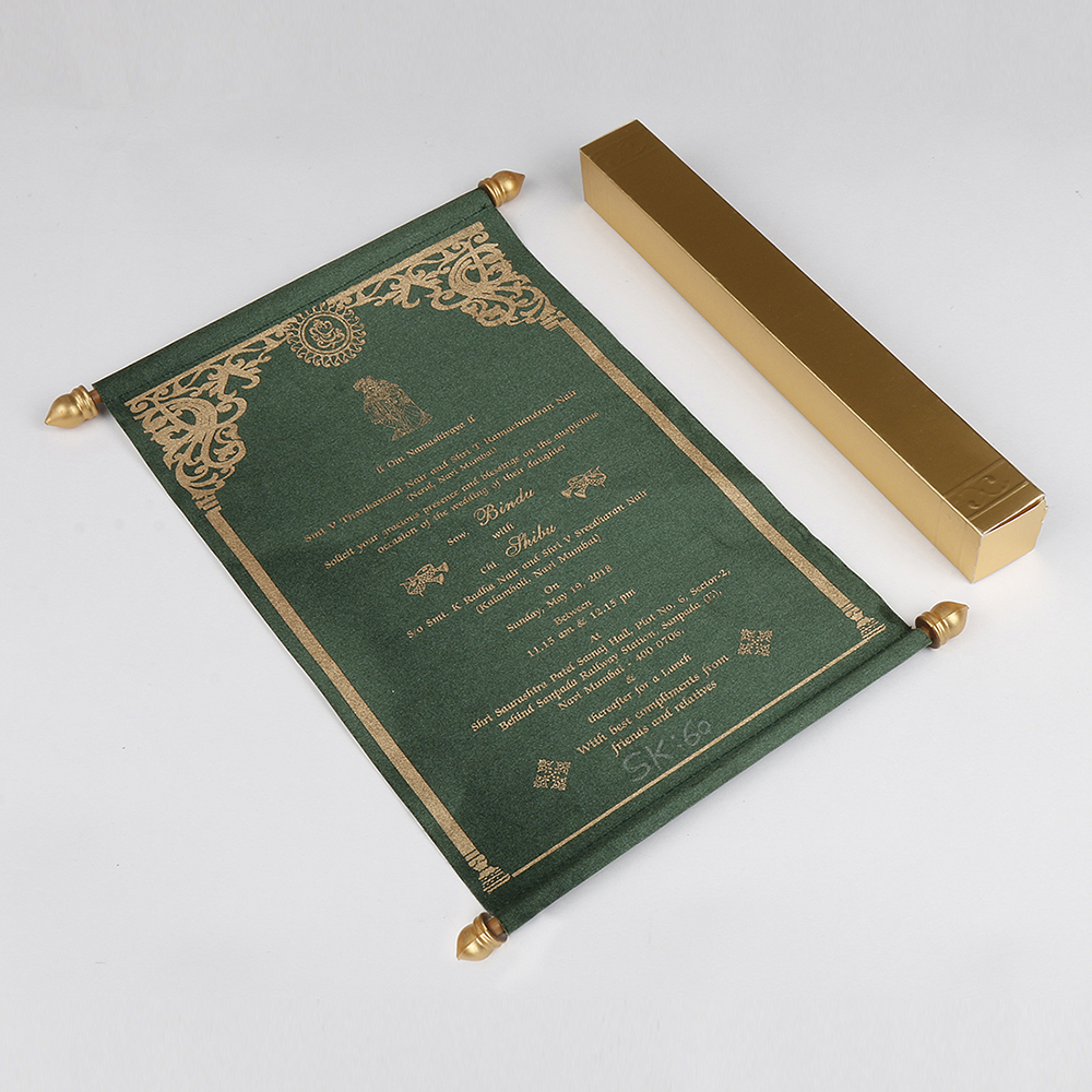 Scroll wedding card in green satin finish with square box - Click Image to Close