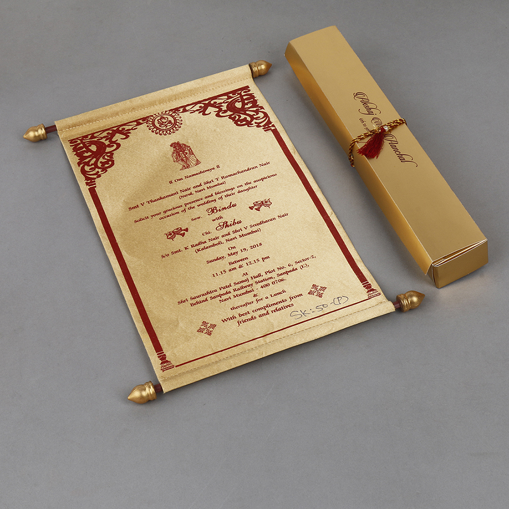 Scroll wedding card in light golden satin finish with rectangular box - Click Image to Close