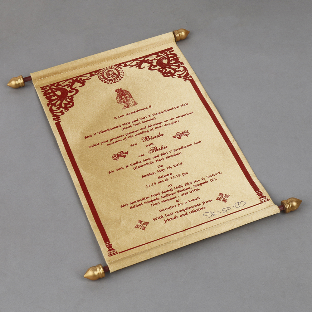 Scroll wedding card in light golden satin finish with square box - Click Image to Close