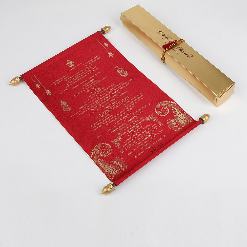 Scroll wedding card in maroon satin finish with rectangular box - Click Image to Close