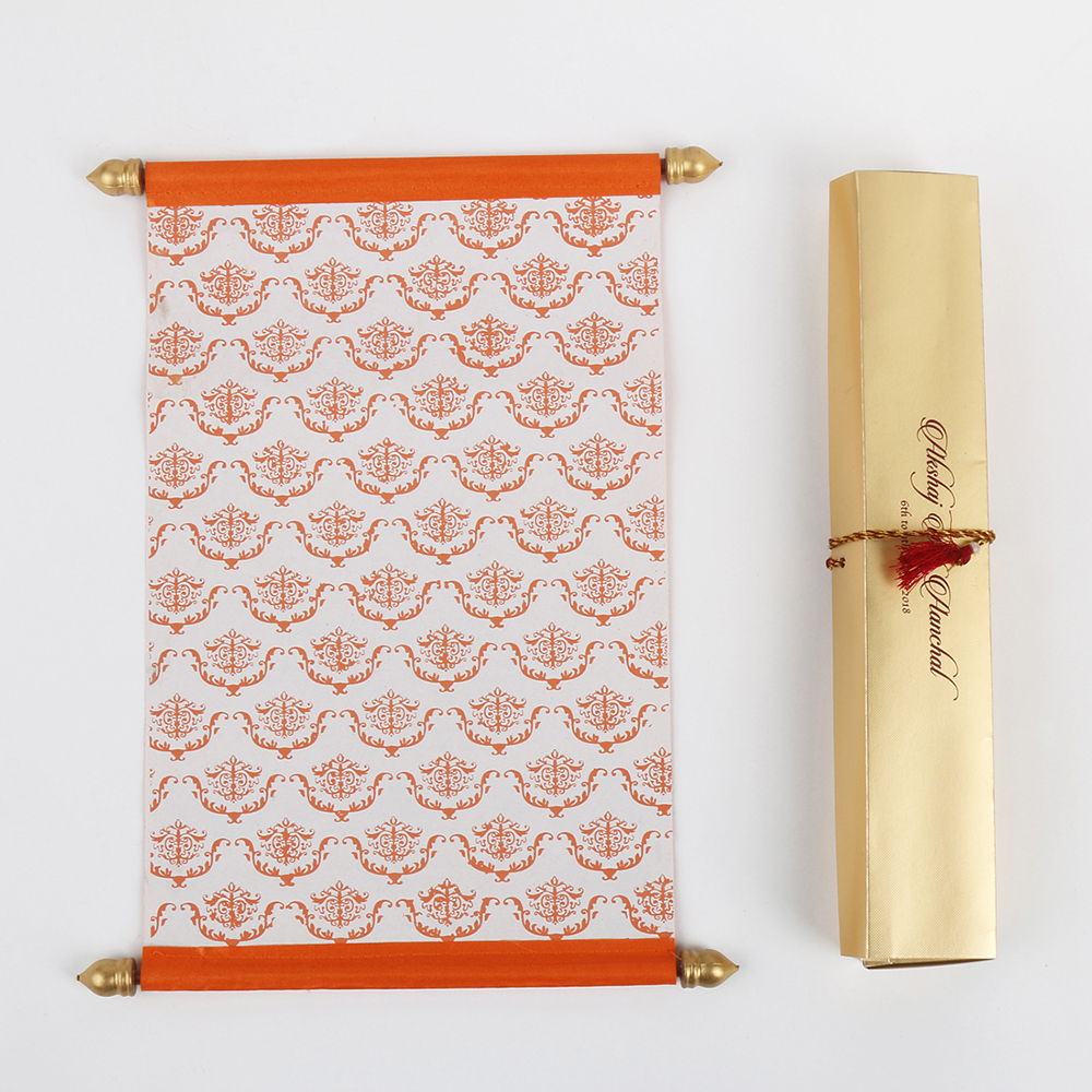 Scroll wedding card in orange satin finish with rectangular box - Click Image to Close