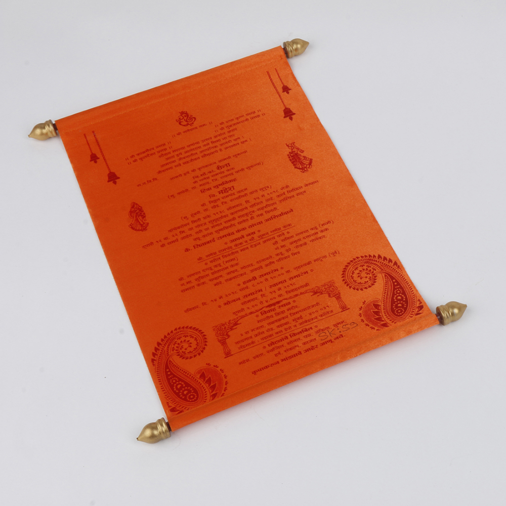 Scroll wedding card in orange satin finish with square box - Click Image to Close