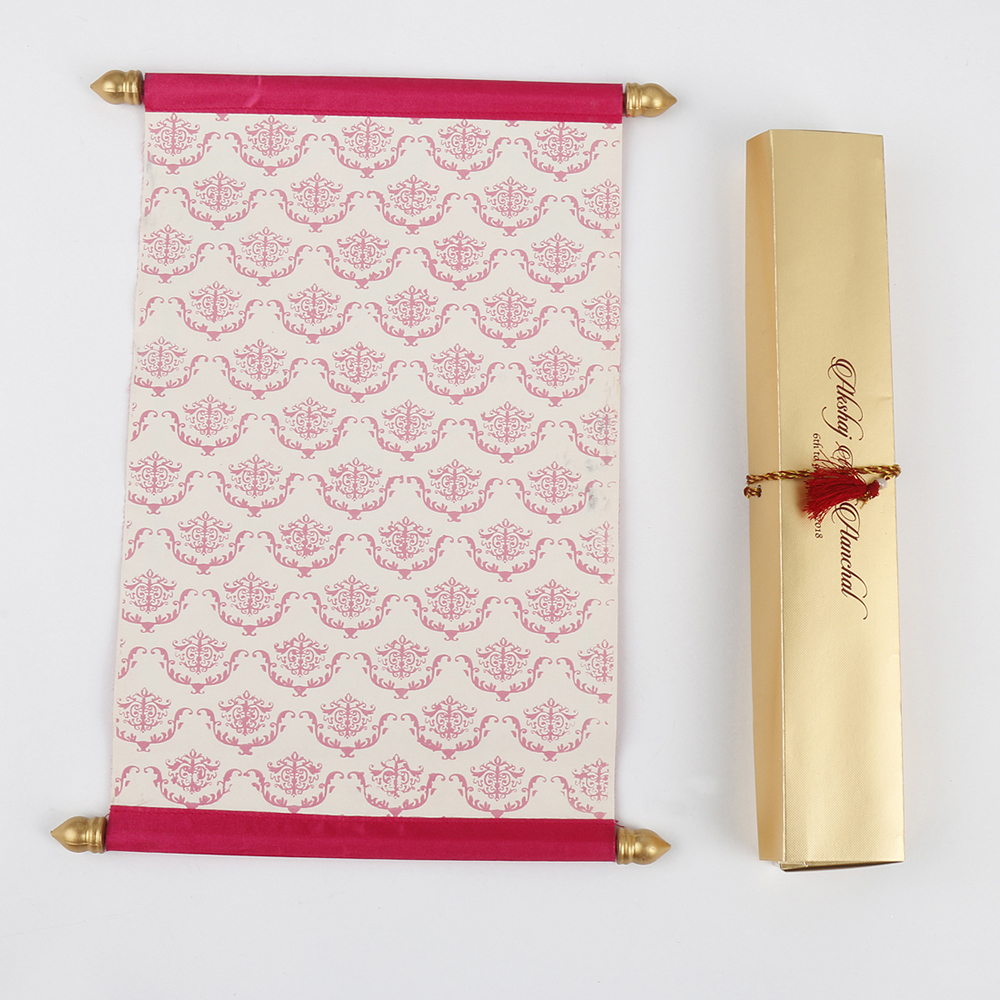 Scroll wedding card in pink satin finish with rectangular box - Click Image to Close