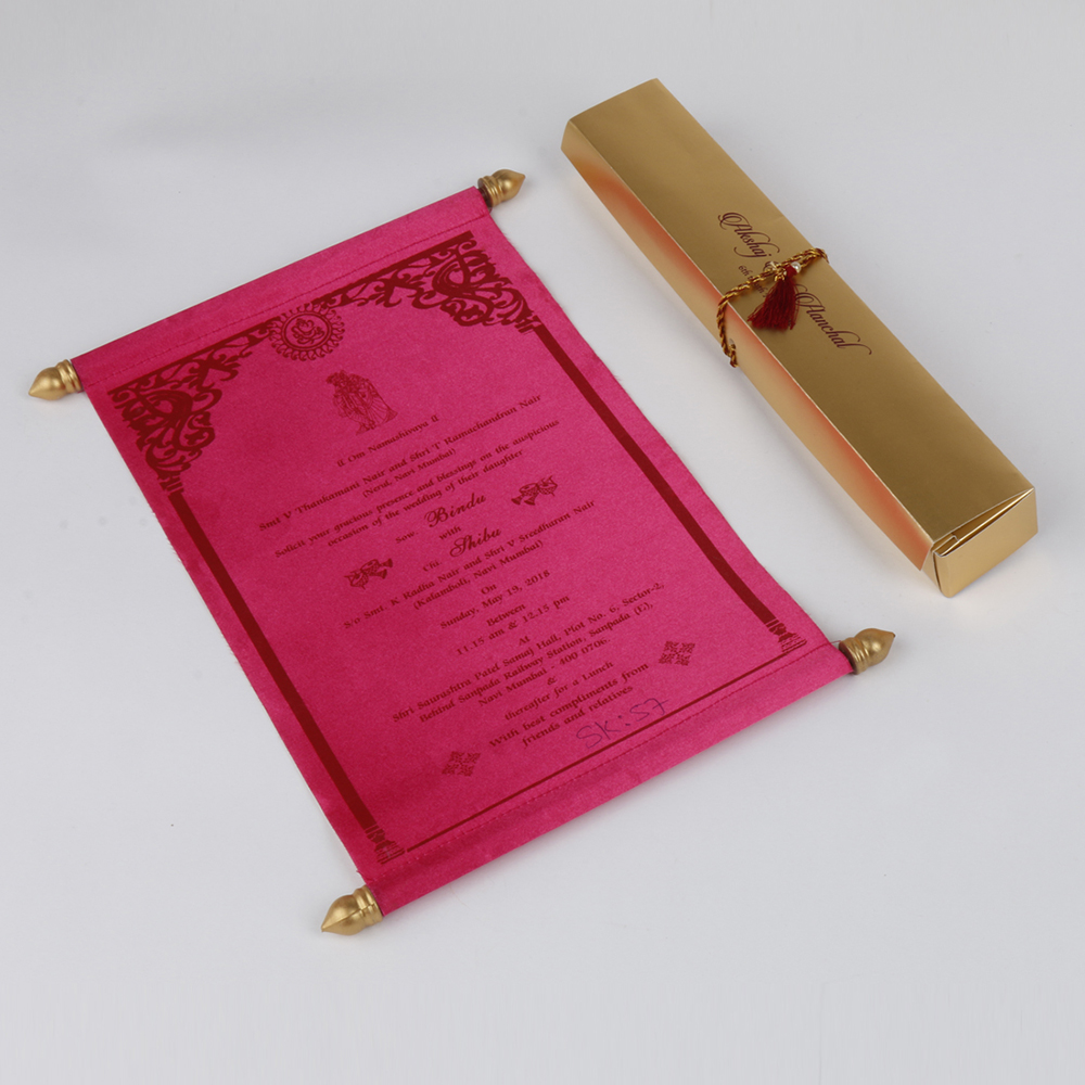 Scroll wedding card in pink satin finish with rectangular box - Click Image to Close
