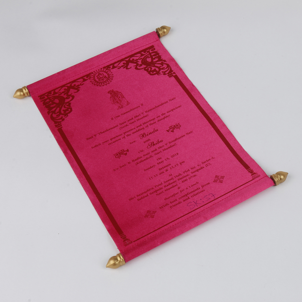 Scroll wedding card in pink satin finish with square box - Click Image to Close