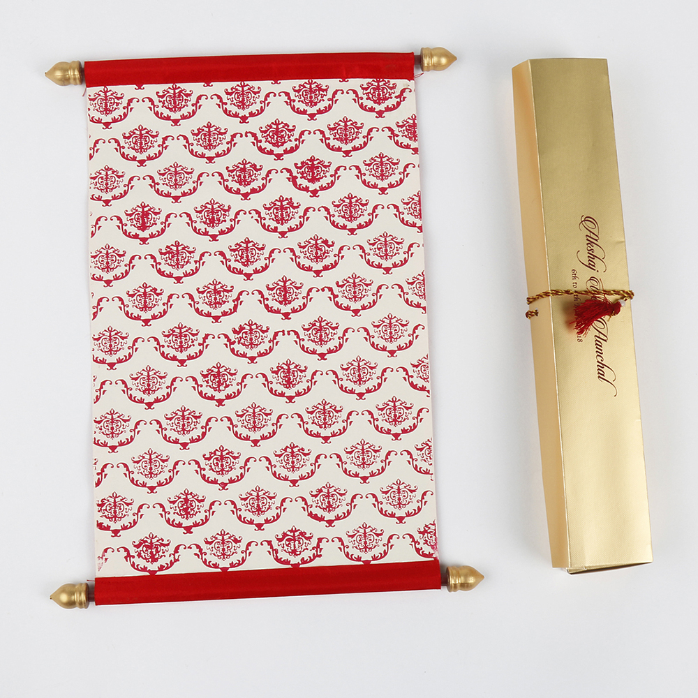 Scroll wedding card in red satin finish with rectangular box - Click Image to Close