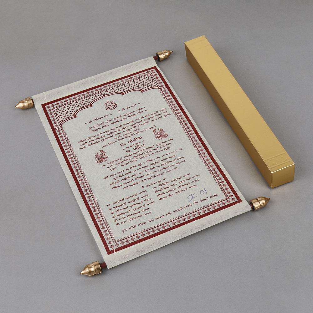 Scroll wedding invitation in cream wooly paper with square box