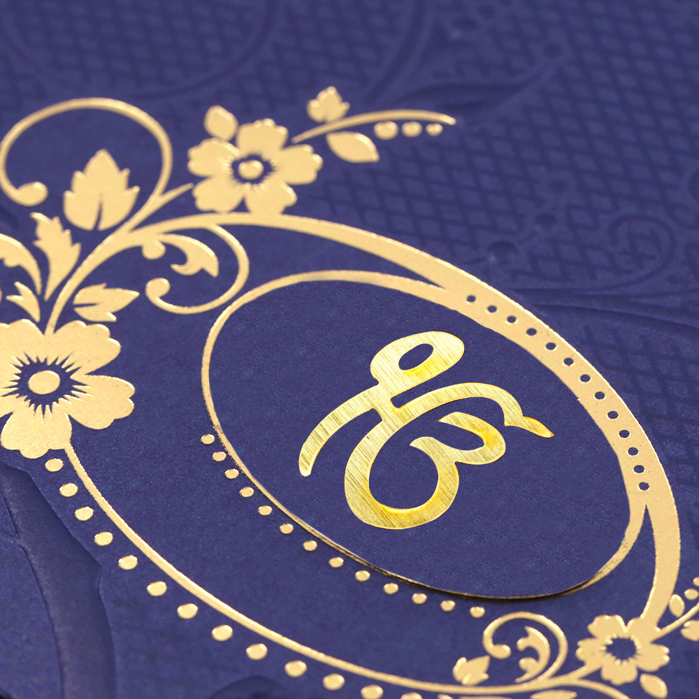 Sikh wedding invitation in navy blue with embossed floral design - Click Image to Close