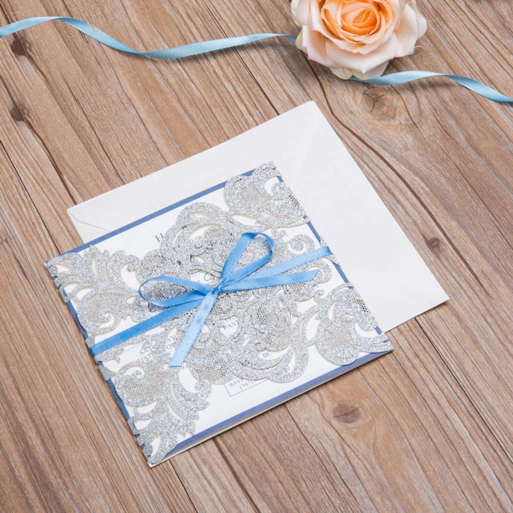 Silver glitter laser cut wedding invite with blue lace - Click Image to Close