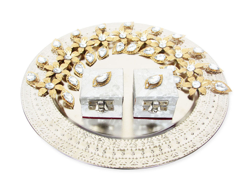 Silver Plated Ring Ceremony Tray with Golden Flowers - Click Image to Close