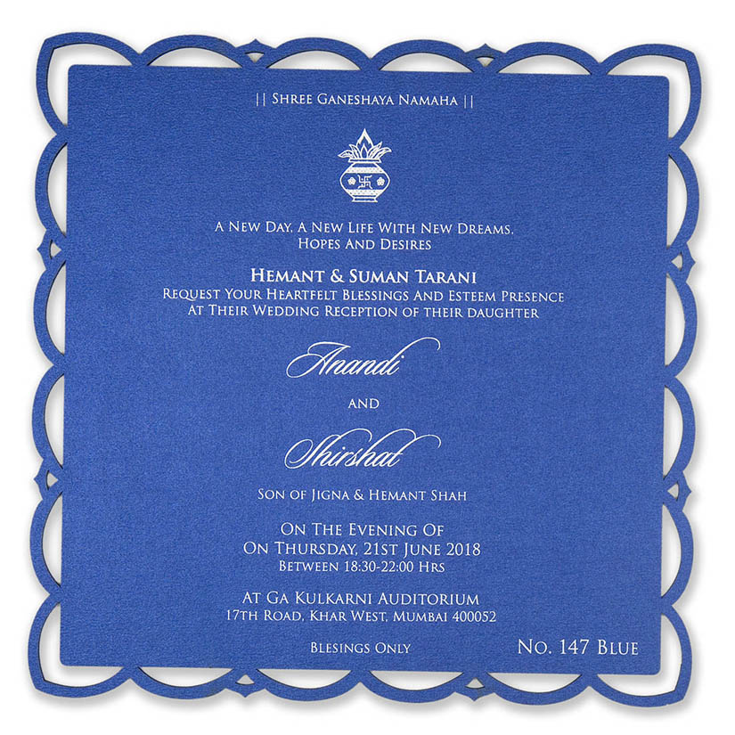 Single Insert cardboard wedding invite in royal blue - Click Image to Close