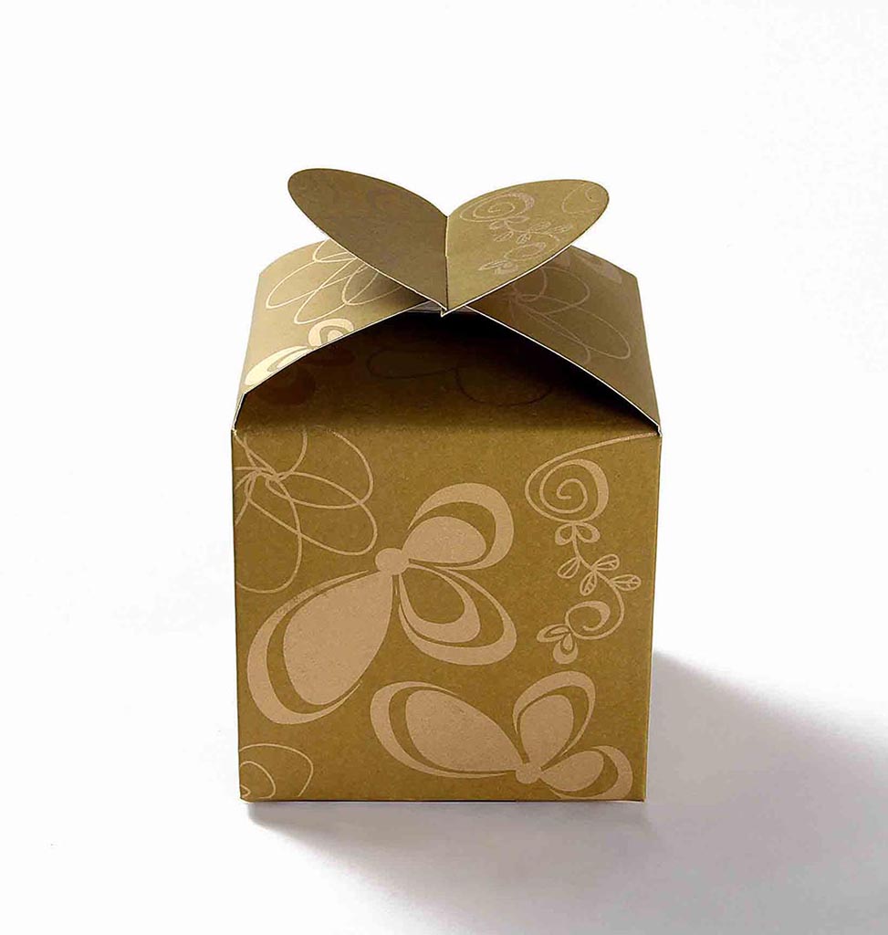Square Wedding Party Favor Box in Golden with a Butterfly Flap - Click Image to Close