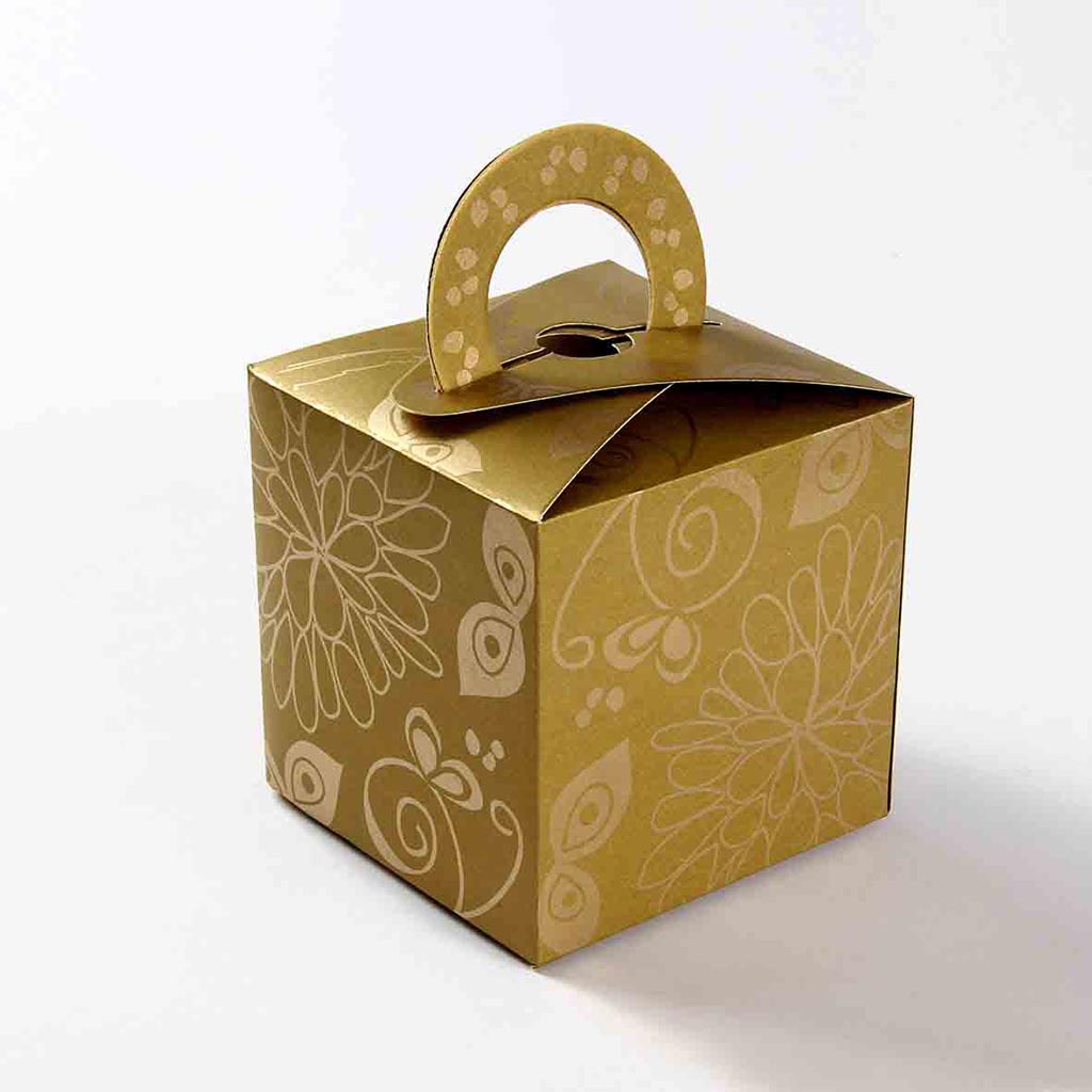 Square Wedding Party Favor Box in Golden with a Holder - Click Image to Close
