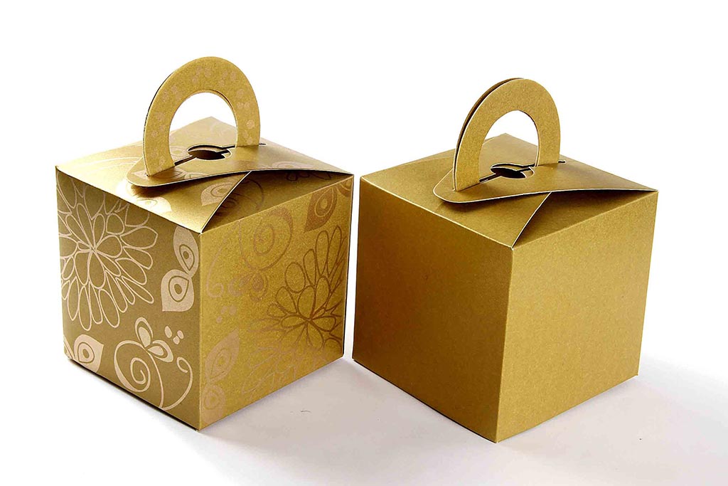 Square Wedding Party Favor Box in Golden with a Holder