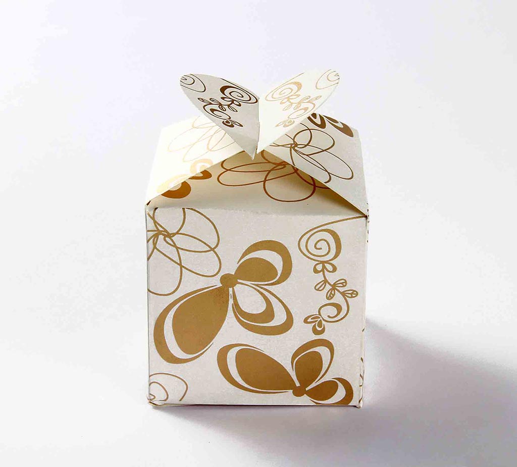 Square Wedding Party Favor Box in Ivory with a Butterfly Flap - Click Image to Close