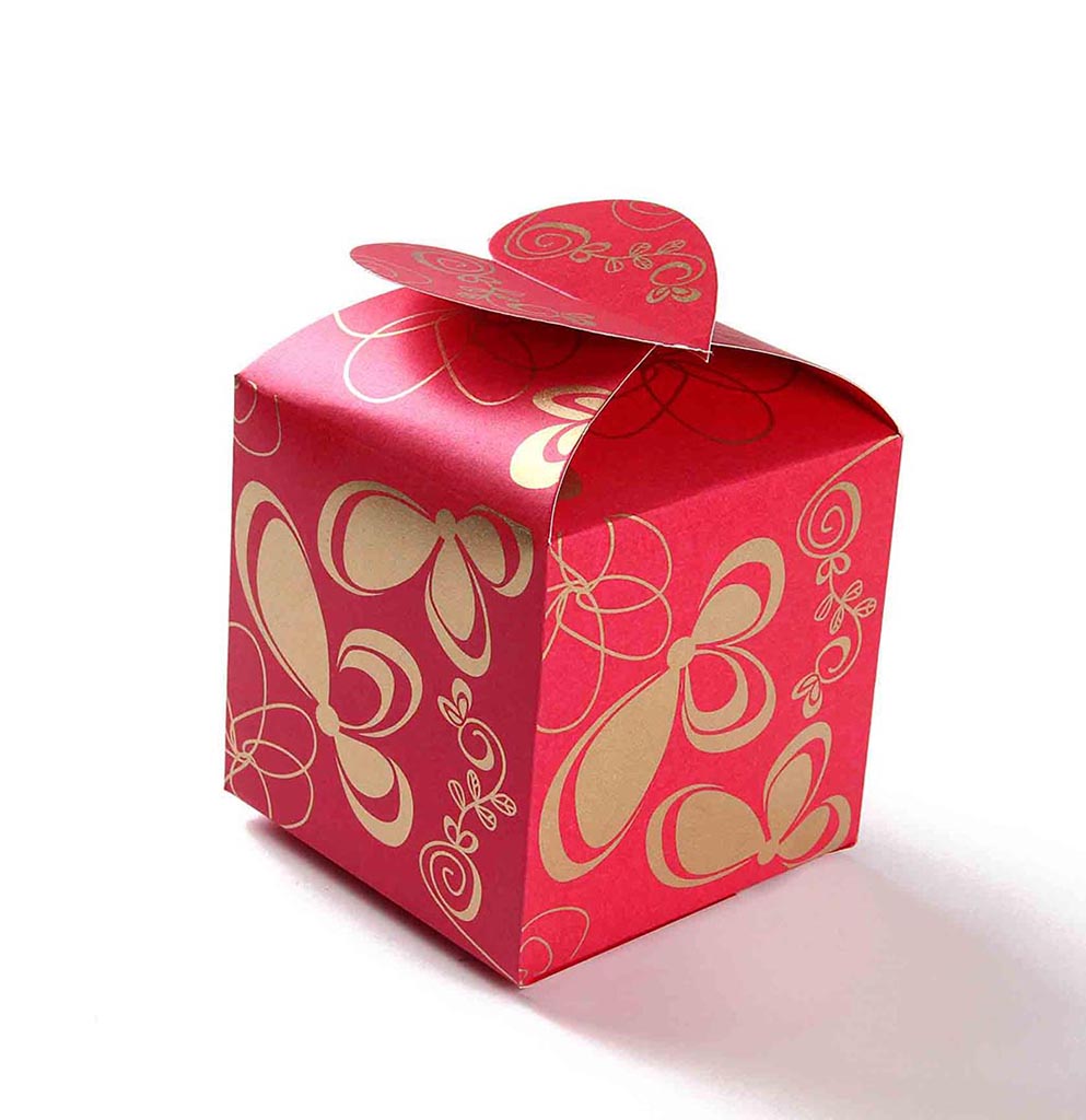 Square Wedding Party Favor Box in Pink with a Butterfly Flap - Click Image to Close