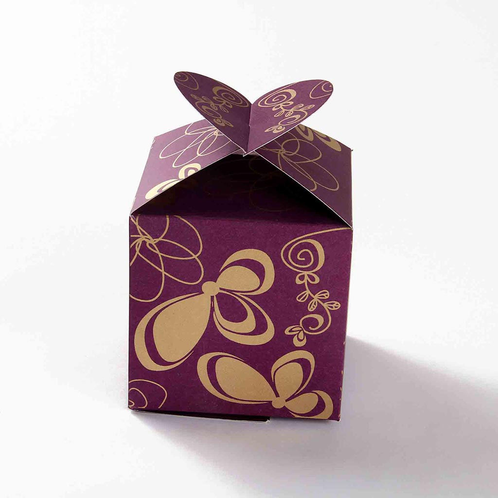 Square Wedding Party Favor Box in Purple with a Butterfly Flap - Click Image to Close