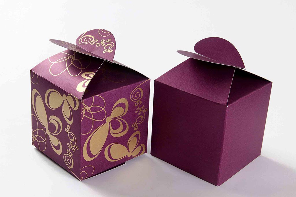 Square Wedding Party Favor Box in Purple with a Butterfly Flap - Click Image to Close