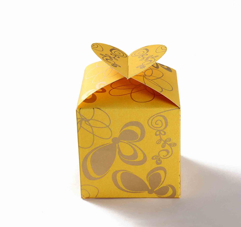 Square Wedding Party Favor Box in Yellow with a Butterfly Flap - Click Image to Close