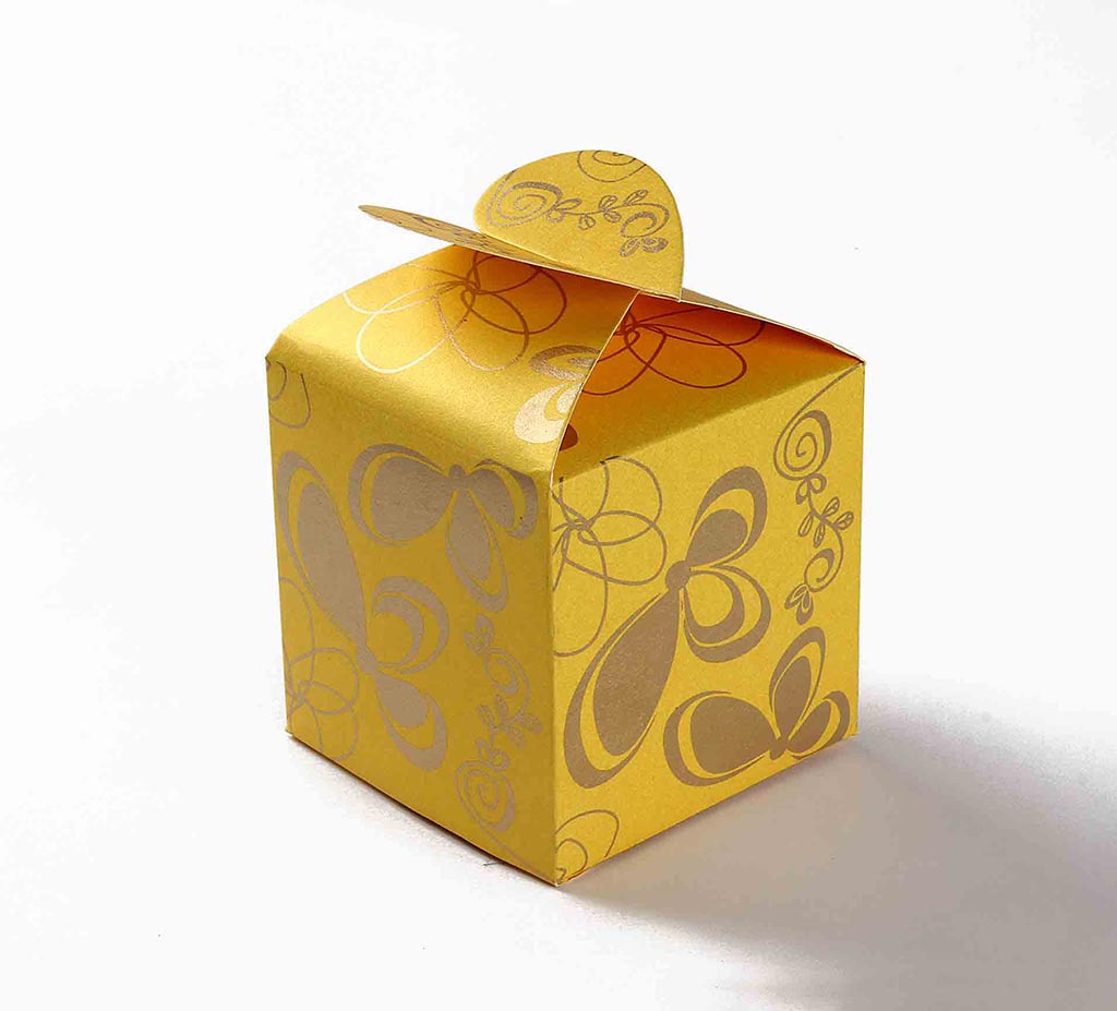 Square Wedding Party Favor Box in Yellow with a Butterfly Flap - Click Image to Close
