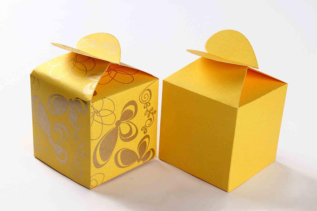 Square Wedding Party Favor Box in Yellow with a Butterfly Flap