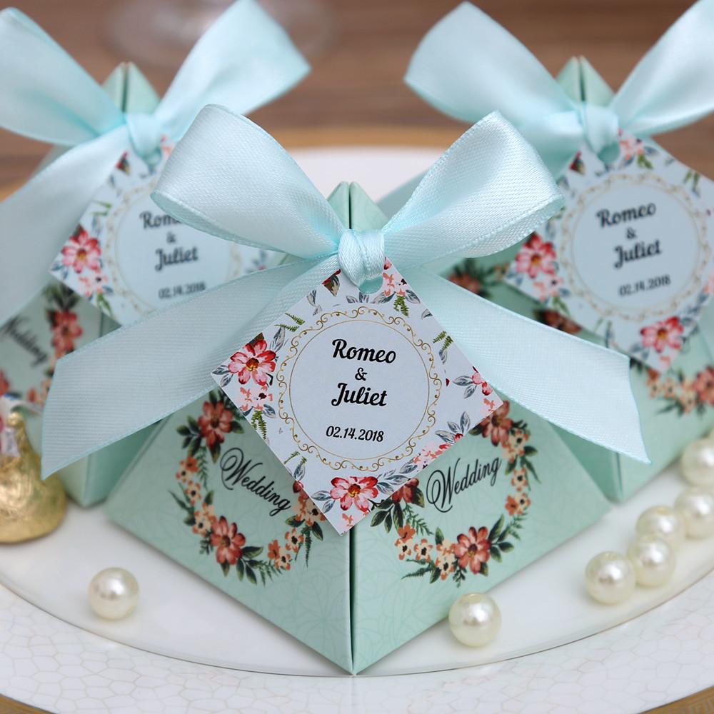 Tiffany Blue Floral Pyramid Wedding Favor and Gift Boxes - Click Image to Close