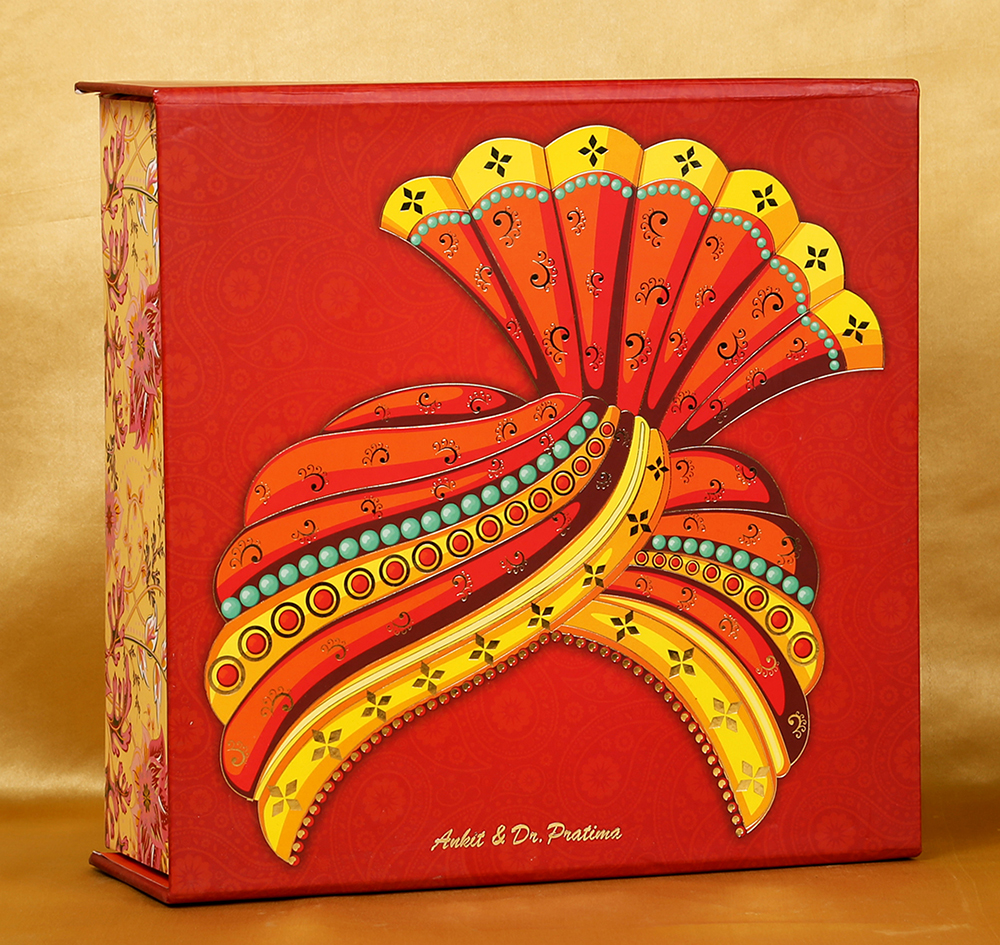 Traditional colorful & vibrant Indian boxed invitation with pagdi design - Click Image to Close