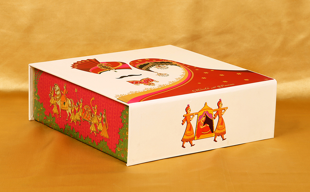 Traditional Indian box invite with Dulha Dulhan & baraat design - Click Image to Close