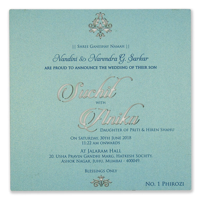 Turquoise blue invite in cardboard with cut out of couple names - Click Image to Close